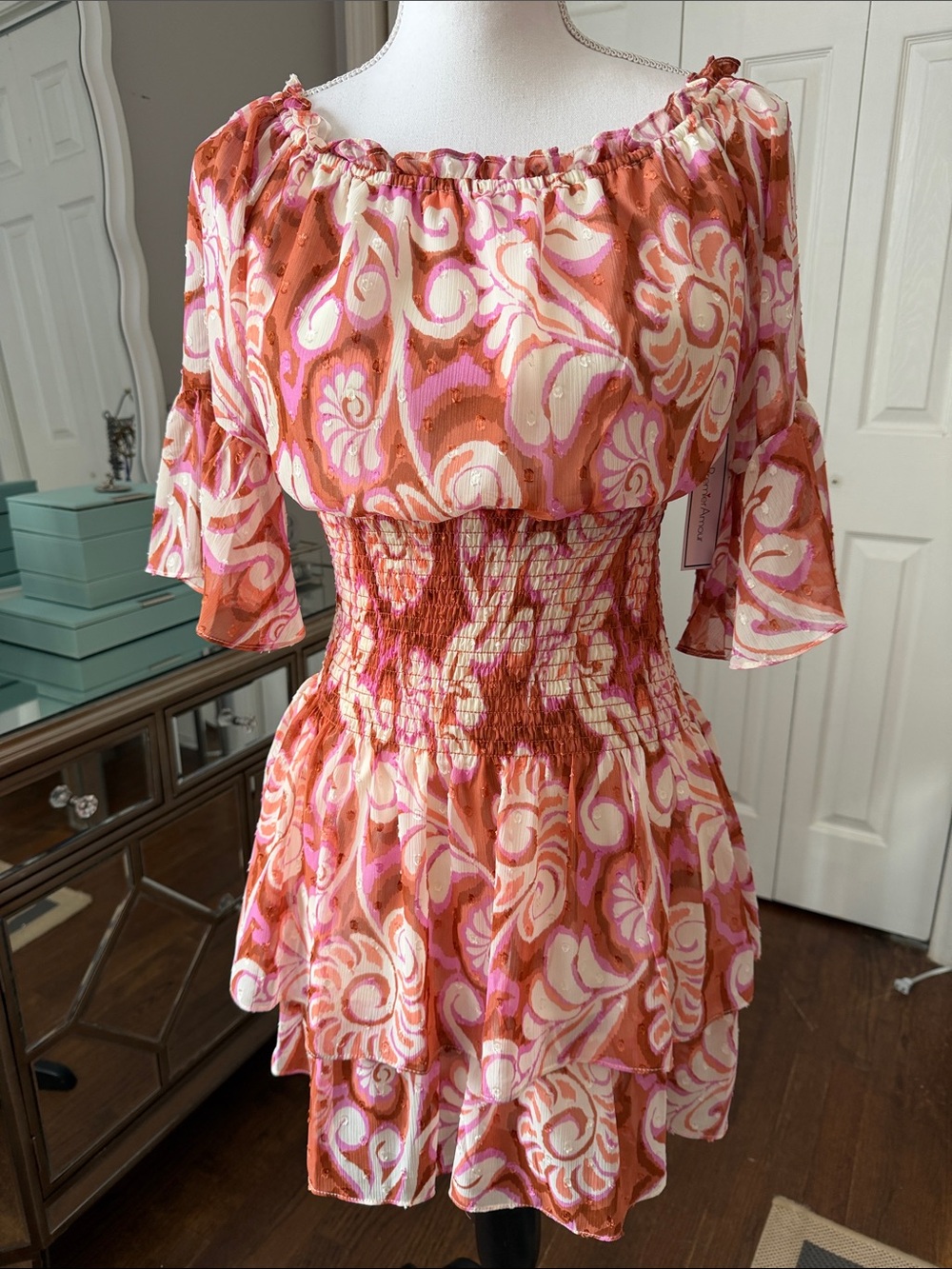 Premiere Amour On or Off-Shoulder Smocked Waisted Pink & Peach Darling Dress 2